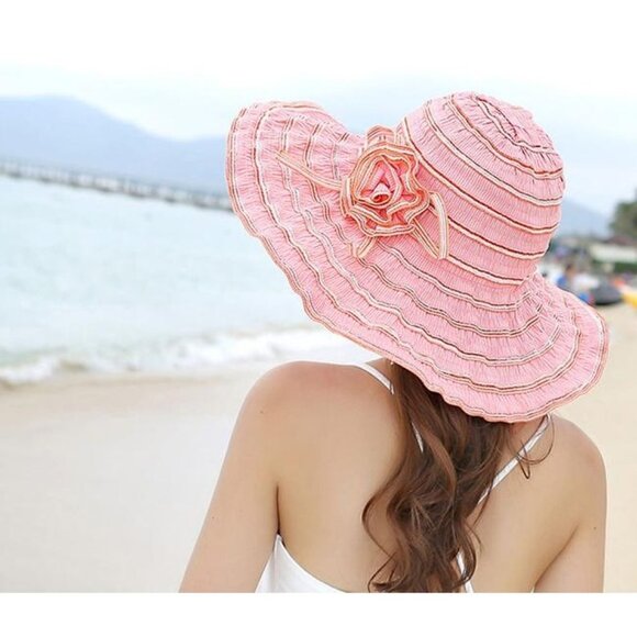 Womens Sun Straw Wide Brim Summer Foldable Roll Up Pink Hat main image 5